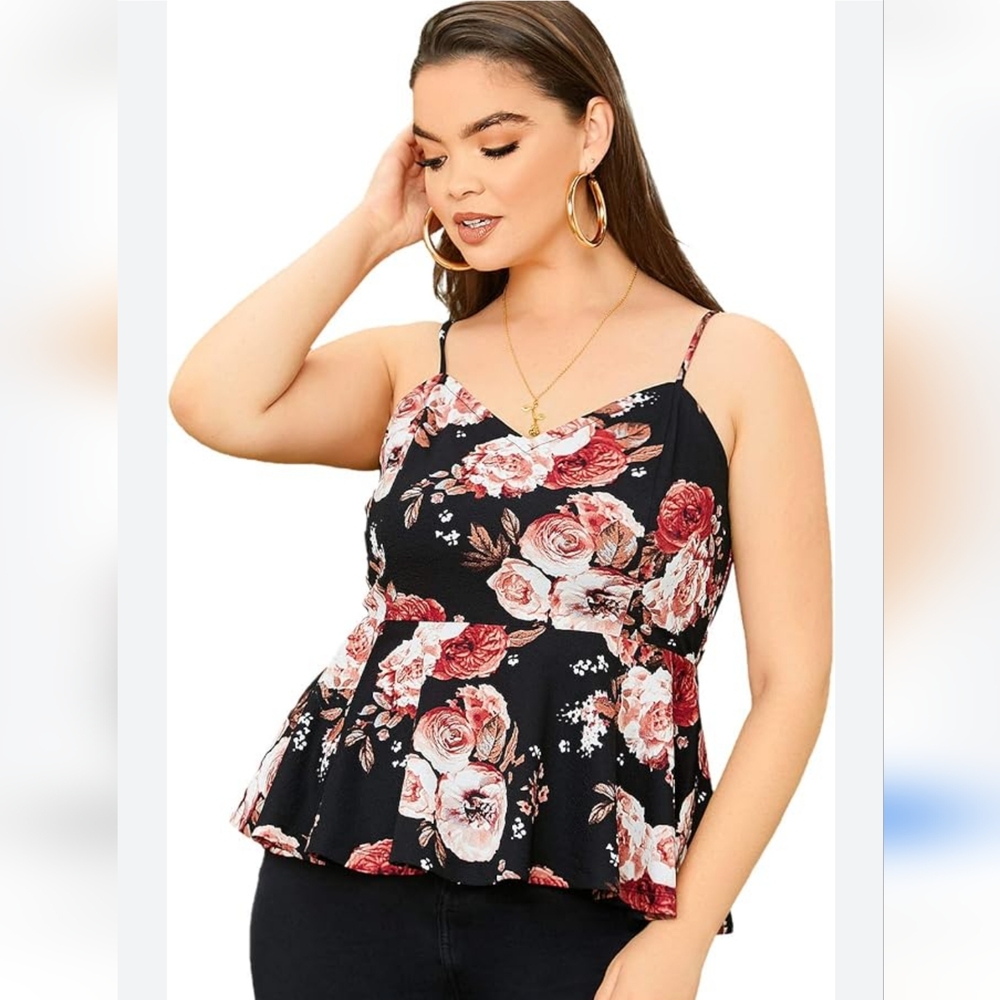 Women's plus size peplum cami top print ruffle hem sleeveless tank top - Picture 1 of 4